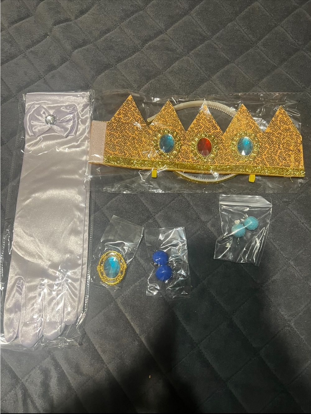 Kids Gold Sequin Princess Crown Headband with Blue Gem Accents